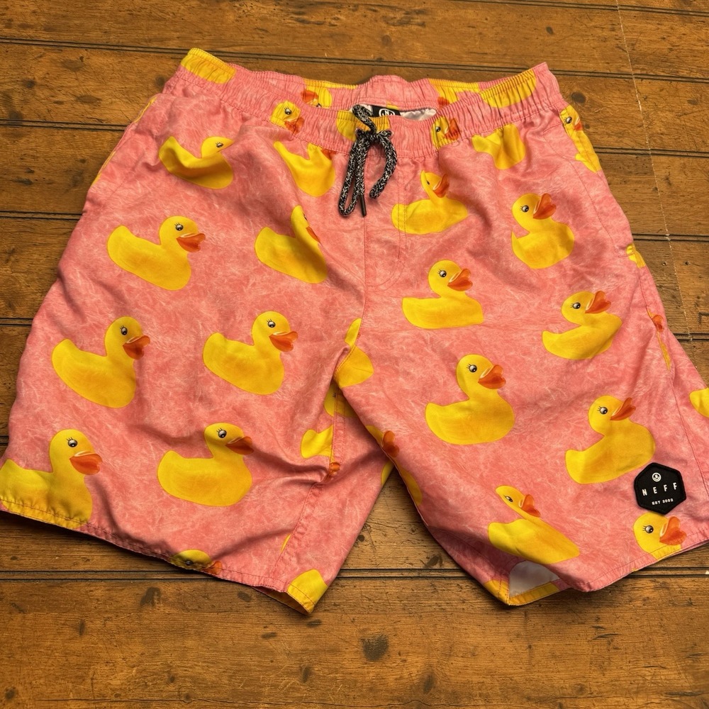 NEFF Board Shorts Swim Trunks Mens M‎ Drawstring Yellow Rubber Duck Pink Surf